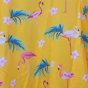 Yellow Flamingo Hibiscus Palm Leaf Print 100% Cotton Boat Neck Short Sleeve